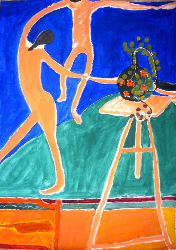 12、潇潇临摹马蒂斯的画，配诗《打碎的死，舞蹈》水粉画37cm 51cm
