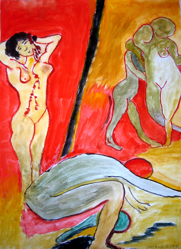 13、潇潇临摹马蒂斯的画配诗《线条，女人》水粉画31cm 51cm